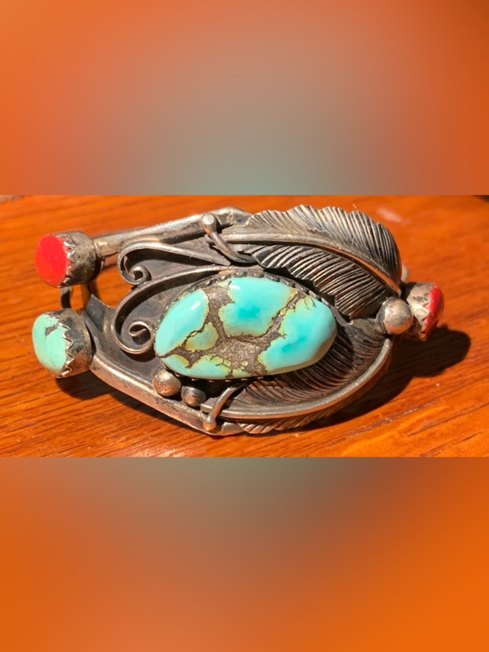 Navajo Old Pawn Sterling Turquoise & Coral Cuff Bracelet Signed  24 grams